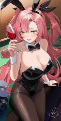 1girl animal_ear_hairband animal_ears awa_(awao141) black_bow black_bowtie black_leotard bow bowtie breasts cup detached_collar drinking_glass fake_animal_ears green_eyes hairband highres holding holding_cup leotard long_hair mole mole_on_breast mole_under_eye nicole_demara pantyhose pink_hair playboy_bunny poker_chip poker_table rabbit_ear_hairband rabbit_ears solo table two_side_up very_long_hair wine_glass wrist_cuffs zenless_zone_zero