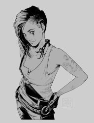 Rule 34 | 1girl, arm tattoo, artist name, asymmetrical hair, belt, cyberpunk (series), cyberpunk 2077, greyscale, heythisisangle, highres, judy alvarez, looking at viewer, monochrome, sidecut, solo, tattoo, tied tank top, undercut