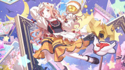 1girl apron basket bird black_shoes bow brown_eyes brown_hair dove hair_ornament holding holding_basket idolmaster idolmaster_shiny_colors long_hair moon official_art open_mouth orange_skirt red_bow sakuragi_mano shoes skirt socks solo white_apron white_socks