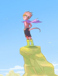 1boy beelzebub_(sand_land) black_eyes black_shorts blue_sky boots bracelet cape colored_skin commentary_request day demon_boy double_fake floating_cape floating_hair goggles goggles_on_head green_socks hands_on_own_hips highres horns jewelry male_focus outdoors pink_hair pink_horns pink_skin pink_tail pointy_ears profile purple_cape sand_land short_hair shorts silver_bracelet sky socks solo tail topless_male yellow_boots