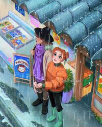 2girls artist_name black_boots black_hat black_pants boots brown_hair brown_pants day double_bun green_boots green_hair hair_bun hat highres jacket luztapiaart multicolored_hair multiple_girls orange_hair orange_jacket original outdoors pants peyton_(luztapiaart) purple_scarf rain roya_(luztapiaart) rubber_boots scarf tile_roof two-tone_hair watermark witch_hat