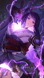 Rule 34 | 1girl, absurdres, alternate breast size, arm up, armor, artist name, asymmetrical sleeves, back bow, blunt bangs, blurry, bow, braid, breasts, bridal gauntlets, cloud, cloudy sky, depth of field, electric guitar, genshin impact, glowing, glowing hair, gradient hair, guitar, hair ribbon, head tilt, highres, huge breasts, instrument, japanese clothes, kimono, large breasts, leaning to the side, light particles, long braid, long hair, looking at viewer, mitsudomoe (shape), mole, mole under eye, motion blur, multicolored hair, nantoku, night, night sky, parted lips, purple eyes, purple hair, purple kimono, purple nails, purple ribbon, raiden shogun, red sash, ribbon, sash, shade, shoulder armor, single braid, sky, solo, streaked hair, thick thighs, thighs, tomoe (symbol), uneven sleeves, upper body, wide sleeves