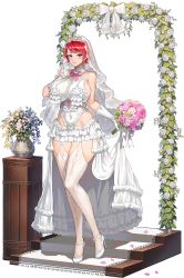 1girl arch blush bouquet breasts bridal_veil bride carpet cherry_blossoms collar covered_navel dress earrings falling_leaves floral_arch flower frilled_collar frilled_gloves frilled_skirt frills front-seamed_legwear full_body game_cg gloves gold_earrings groin hair_bun high_heels highres hip_vent holding holding_bouquet hongryeon_(last_origin) huge_breasts jewelry last_origin leaf looking_at_viewer mole mole_under_eye neck_flower official_alternate_costume official_art pink_flower pink_ribbon purple_eyes purple_flower red_hair revealing_clothes ribbon seamed_legwear see-through_clothes showgirl_skirt simple_background single_hair_bun skirt smile solo stairs strappy_heels tachi-e taesi thick_thighs thighhighs thighs tiara transparent_background vase veil wedding_dress white_collar white_dress white_flower white_footwear white_gloves white_thighhighs