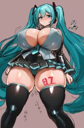 1girl 9is alternate_breast_size aqua_eyes aqua_hair blush breasts cleavage clenched_hands curvy hatsune_miku huge_breasts long_hair miniskirt panties pantyshot pout skirt solo thick_thighs thighs twintails underwear very_long_hair vocaloid wide_hips