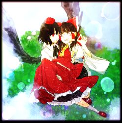 2girls ark_tr ascot bird_wings black_border black_hair black_wings border bow carrying carrying_person detached_sleeves flying frilled_bow frilled_hair_tubes frills geta hair_tubes hakurei_reimu hat looking_at_another midair multiple_girls pom_pom_(clothes) princess_carry red_bow red_eyes red_hat red_shoes ribbon-trimmed_sleeves ribbon_trim shameimaru_aya shoes short_hair tengu tengu-geta tokin_hat touhou wings yellow_ascot