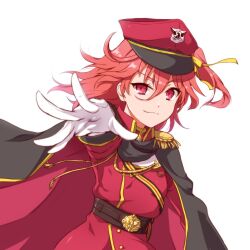 Rule 34 | 1girl, aiguillette, black cape, boots, cape, epaulettes, fringe trim, gloves, hair between eyes, hair ribbon, hat, highres, jacket, long sleeves, medium hair, military uniform, nuana, one side up, ongeki, ousaka akane, reaching, reaching towards viewer, red cape, red eyes, red hair, red hat, ribbon, solo, thigh boots, two-sided cape, two-sided fabric, upper body, v-shaped eyebrows, white gloves, yellow ribbon