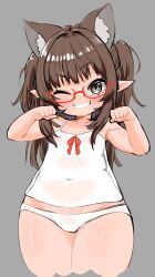 1girl a-maki_tasuke absurdres animal_ears brown_hair camisole cat_ears commentary_request covered_erect_nipples covered_navel final_fantasy final_fantasy_xiv glasses grey_eyes grin hair_intakes highres lalafell loli one_eye_closed panties pear-shaped_figure pointy_ears red-framed_eyewear smile solo strap thick_thighs thighs two_side_up underwear warrior_of_light_(ff14) white_camisole white_panties wide_hips