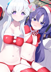 2girls arms_behind_back bikini black_halo blue_archive blush breasts capelet christmas closed_mouth fur-trimmed_thighhighs fur_trim grey_hair hair_between_eyes halo hat headphones heart highres long_hair looking_at_viewer medium_breasts multiple_girls navel noa_(blue_archive) open_mouth purple_eyes purple_hair red_bikini red_capelet red_hat red_thighhighs santa_hat sitting smile spoken_heart stomach strapless swimsuit thighhighs tonomiya68 tube_top two_side_up yuuka_(blue_archive)