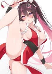1girl absurdres alternate_costume azki_(hololive) breasts brown_hair choumei_(qca012005) cosplay highres hololive japanese_clothes kimono large_breasts leg_up long_hair looking_at_viewer mole mole_under_eye pink_hair ponytail purple_eyes red_kimono shiranui_mai shiranui_mai_(cosplay) solo the_king_of_fighters virtual_youtuber