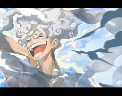1boy ^_^ alternate_form blue_sky closed_eyes gear_fifth hagoromo highres letterboxed male_focus monkey_d._luffy mrjieshisu one_piece open_mouth scar scar_on_face shawl shirt short_hair sky solo thick_eyebrows upper_body white_hair white_shirt
