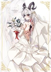 1girl alternate_costume backless_dress backless_outfit bare_shoulders black_hair blush bouquet breasts bridal_veil closed_mouth cowboy_shot curled_horns dress earrings elbow_gloves flareza flower from_behind gloves grey_hair holding holding_bouquet horns jewelry key_earrings large_breasts long_dress long_hair median_furrow multicolored_hair red_eyes scar scar_on_back solo streaked_hair tacet_mark_(wuthering_waves) veil wedding_dress white_dress white_gloves white_veil wuthering_waves zani_(wuthering_waves) zoom_layer