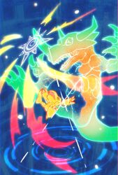 Rule 34 | digimon, digimon (creature), digimon adventure, digimon adventure: (2020), dinosaur, evolutionary line, full body, garurumon, green eyes, greymon, henshin, highres, lizard, megane mochi, no humans, orange scales, wide shot