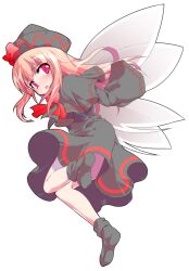 1girl alphes_(style) black_capelet black_dress black_hat black_socks black_wings blonde_hair blush bobby_socks bow bowtie capelet commentary_request dairi dress fairy fairy_wings full_body grey_wings hair_between_eyes hat hat_bow large_variant_set lily_black lily_white long_hair long_sleeves no_shoes parody parted_lips red_bow red_bowtie red_eyes sidelocks socks solo style_parody tachi-e touhou transparent_background variant_set wide_sleeves wings