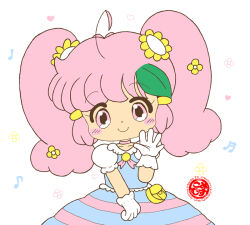 1girl ahoge bag blue_dress blush brooch choker collarbone curucuru_pink_(misukomu_plus) dress floral_background flower gloves hair_flower hair_ornament hair_tubes heart heart_hair_ornament jewelry leaf_hair_ornament long_hair magical_girl misukomu_plus musical_note musical_note_background neck_ribbon original pink_eyes pink_hair pink_ribbon puffy_sleeves ribbon short_sleeves smile standing twintails waving white_background white_gloves