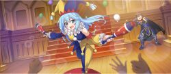 1boy 1girl 3others aqua_(konosuba) armor armored_boots balancing ball belt black_cape black_gloves blue_armor blue_eyes blue_hair blue_hat blurry blurry_background boots breasts brown_belt brown_hair cape circlet clenched_hand cosplay detached_sleeves dutch_angle facial_mark faulds game_cg gloves green_eyes hand_on_own_head hat highres holding_juggling_club indoors jester jester_cap juggling juggling_club kono_subarashii_sekai_ni_shukufuku_wo! konosuba!_fantastic_days lens_flare long_hair looking_at_viewer medium_breasts mitsurugi_kyouya mitsurugi_kyouya_(cosplay) multiple_others neck_ruff official_art open_mouth outstretched_arm satou_kazuma shoulder_armor small_sweatdrop smile sparkle stage stairs third-party_source thumbs_up two-tone_hat wooden_floor yellow_hat