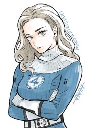 Rule 34 | 1girl, belt, blonde hair, blue bodysuit, blue eyes, bodysuit, breasts, closed mouth, commentary request, crossed arms, earrings, fantastic four, gloves, highres, jewelry, lips, long hair, looking at viewer, marvel, marvel cinematic universe, medium breasts, number print, simple background, smile, solo, sue storm, superhero costume, sushi pizza rrr, the fantastic four: first steps, turtleneck, turtleneck bodysuit, twitter username, upper body, wavy hair, white background, white belt, white gloves