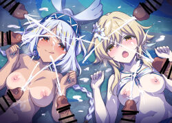 2girls 6+boys bare_shoulders bikini blonde_hair blue_hair blush body_markings braid breasts bukkake censored cum cum_on_body ejaculation erection facial feather_hair_ornament feathers flower genshin_impact group_sex hair_flower hair_ornament hairband hetero large_breasts licking_lips light_blue_hair long_hair low_twin_braids lumine_(genshin_impact) lumine_(hot_springs)_(genshin_impact) lying marugoshi_(54burger) medium_breasts medium_hair mixed-sex_bathing mualani_(genshin_impact) mualani_(hot_springs)_(genshin_impact) multiple_boys multiple_girls navel nipples nude on_back open_mouth orgy penis ponytail red_eyes shared_bathing sidelocks smile surrounded_by_penises swimsuit tan tongue tongue_out twin_braids white_bikini white_hair yellow_eyes