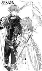 1boy 1girl armor belt black_pants cape capelet choker dress gauntlets greyscale hair_between_eyes hairband highres holding holding_scythe holding_weapon jewelry leg_armor long_sleeves looking_at_viewer monochrome original pants qyzhiaiyisheng sample_watermark scythe short_hair sketch watermark weapon white_dress