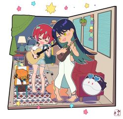 2girls :d amate_yuzuriha anklet artist_name ball barefoot beachball bicycle black_hair blue-tinted_eyewear chair closed_eyes commentary conch_(gundam) couch curtains denim denim_shorts diorama earrings fishbowl full_body green_shirt guitar gundam gundam_gquuuuuux hanging_plant haro hat heart heart-shaped_eyewear highres holding holding_guitar holding_instrument indoors instrument isometric jewelry lamp long_hair long_sleeves looking_at_viewer miyata_(lhr) multiple_girls music nyaan_(gundam_gquuuuuux) open_mouth outline overalls playing_instrument red_hair robot rug shirt short_hair short_sleeves shorts signature simple_background smile standing sunglasses table tinted_eyewear u_u unworn_hat unworn_headwear white-framed_eyewear white_background white_outline white_overalls window window_blinds yellow_eyes