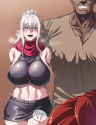 1boy 1girl 2girls ? arms_behind_back bare_shoulders blush breasts dark_skin elf hetero highres huge_breasts midriff multiple_girls navel open_mouth original pointy_ears red_hair restart scarf skirt smile spoken_question_mark teeth trembling white_hair