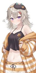 1girl alternate_costume armpit_crease black_camisole blush breasts camisole commentary crop_top crossed_bangs grey_hair hair_between_eyes hair_ornament hairclip highleg highleg_panties highres kohaku_(csacu) komori_met lace-trimmed_camisole lace_trim looking_at_viewer mask mask_on_head medium_breasts midriff navel official_alternate_costume open_clothes pajamas panties panty_straps purple_eyes simple_background sleep_mask sleeves_past_wrists solo symbol-only_commentary underwear vspo! white_background
