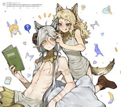 1boy 1girl :q animal_ear_fluff animal_ear_headwear animal_ears arm_tattoo bags_under_eyes blonde_hair book chest_tattoo dungeon_meshi elf fake_animal_ears fake_tail fleki gloves gorget green_eyes grey_hair hair_around_ear hair_tubes highres holding holding_book licking_lips long_hair low_twintails lycion notched_ear nova_1810 pillow pointy_ears purple_eyes single_glove sleeveless tail tattoo tongue tongue_out topless_male tunic twintails white_background wolf_ears wolf_tail