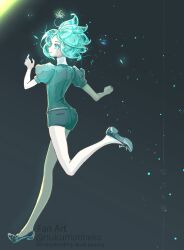 Rule 34 | 1other, aqua hair, ass, black background, black shirt, black shorts, closed mouth, commentary request, eyelashes, full body, highres, houseki no kuni, nukumorineko, other focus, phosphophyllite, running, shirt, shorts, slippers, smile, solo, sparkle