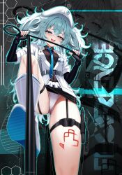 1girl absurdres bare_legs blue_eyes blue_hair blue_necktie blush boots breasts character_name covered_navel fang florence_(girls&#039;_frontline_2) from_below girls&#039;_frontline girls&#039;_frontline_2:_exilium gun hair_between_eyes half-closed_eyes hat heart heart-shaped_pupils high_heel_boots high_heels highres holding holding_whip holster jacket kiari_art leg_up long_hair looking_at_viewer looking_down messy_hair necktie nurse_cap pa-15_(girls&#039;_frontline) panties seductive_smile shirt skin_tight small_breasts smile solo standing standing_on_one_leg symbol-shaped_pupils teeth thigh_strap thighs underwear upper_teeth_only upskirt very_long_hair weapon white_jacket white_panties white_shirt