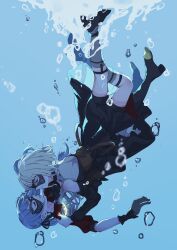 2girls bang_dream! bang_dream!_it&#039;s_mygo!!!!! blonde_hair blue_hair bubble closed_eyes day doloris_(bang_dream!) domino_mask gloves hands_on_another&#039;s_shoulders highres long_hair mask misumi_uika multiple_girls oblivionis_(bang_dream!) purple_eyes rousei shoes short_hair sinking skeleton togawa_sakiko underwater yuri