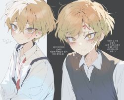Rule 34 | 1boy, bad id, bad twitter id, blonde hair, blush, closed mouth, collared shirt, crying, crying with eyes open, facial mark, false smile, forehead mark, grey sweater vest, hair between eyes, highres, inactive account, korean text, limbus company, looking at viewer, male focus, maratang, necktie, project moon, red necktie, school uniform, shirt, short hair, simple background, sinclair (project moon), smile, suspenders, sweater vest, tears, upper body, white shirt, yellow eyes