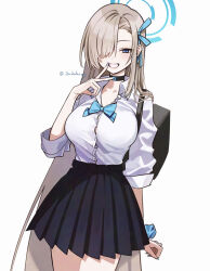 Rule 34 | 1girl, asuna (blue archive), asuna (school uniform) (blue archive), aubrey (kyarairo), black choker, black skirt, blonde hair, blue archive, blue bow, blue bowtie, blue eyes, blue halo, blue nails, blue ribbon, blue scrunchie, bow, bowtie, breasts, choker, collared shirt, commentary, cowboy shot, grin, hair over one eye, hair ribbon, halo, hand up, highres, large breasts, long hair, long sleeves, looking at viewer, nail polish, pleated skirt, ribbon, school uniform, scrunchie, shirt, simple background, skirt, smile, solo, twitter username, v, very long hair, white background, white shirt, wrist scrunchie