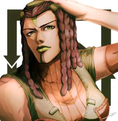 1girl bare_shoulders black_hair brown_hair dreadlocks ermes_costello facial_mark green_eyes green_lips hand_on_own_head highres jojo_no_kimyou_na_bouken ribbed_sweater sano_(hospital_0434) solo stone_ocean sweater turtleneck vest