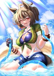 1girl agnes_tachyon_(umamusume) ahoge animal_ears bikini bikini_under_clothes blue_bikini blue_shorts blue_sky blush breasts brown_gloves brown_hair cleavage cloud commentary_request day full_body gloves green_shirt hair_between_eyes highres hisagi_(hisagi00) holding holding_hose horse_ears horse_girl horse_tail hose large_breasts looking_at_viewer one_eye_closed open_fly open_mouth outdoors red_eyes shirt short_hair shorts single_glove sitting sky smile solo sunlight swimsuit tail tied_shirt umamusume wariza