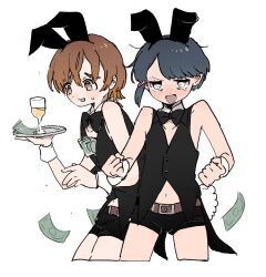 010mzam 1boy 1girl animal_ears banknote bare_shoulders belt black_bow black_bowtie black_hair black_shoes black_vest blush bow bowtie brown_belt brown_hair captain_(kemono_friends) cowboy_shot detached_collar embarrassed fake_animal_ears fake_tail glass hair_ornament hairclip highres kemono_friends kemono_friends_3 matching_outfits midriff_peek money multiple_persona navel nose_blush open_mouth shoes short_hair short_shorts shorts sleeveless sweatdrop tail tray vest waiter