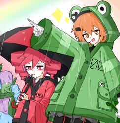 2girls a.i._voice adachi_rei alternate_costume buttons drill_hair flower frog frog_raincoat gloves green_raincoat hand_up headset highres holding holding_umbrella hood hood_up hydrangea kasane_teto kumaniki_(kuma_6125) long_sleeves looking_at_viewer multiple_girls open_mouth orange_eyes orange_hair outdoors pointing rain rainbow raincoat red_eyes red_hair red_raincoat squatting standing twin_drills umbrella utau white_gloves