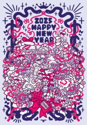 1girl 2025 absurdly_long_hair animal apple apple_peel bow bow_print braid candle checkerboard_cookie chinese_zodiac commentary_request cookie crown cushion dumpling flat_color food fruit hair_bow hair_ribbon hands_up happy_new_year heart_cushion highres kagami_mochi knees_up limited_palette long_hair nengajou new_year nunusayu one_eye_closed original pajamas pants parted_lips rabbit red_bow red_eyes red_ribbon ribbon shirt sleep_mask sleeves_past_fingers sleeves_past_wrists slippers snake snake_hair solo sparkle thumbprint_cookie very_long_hair wide_shot year_of_the_snake