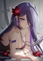Rule 34 | 1girl, acheron (honkai: star rail), alternate costume, arm strap, armpit crease, bare shoulders, black shirt, breasts, bubble, chain, chain leash, cleavage, closed mouth, collar, commentary, earrings, english commentary, flower, hair ornament, hair over one eye, highres, honkai: star rail, honkai (series), jewelry, katana, large breasts, leash, looking at viewer, lying, multicolored hair, on stomach, planted, planted sword, planted weapon, purple eyes, purple hair, red flower, red petals, revision, sailorleyla, shirt, sideboob, signature, solo, strap slip, streaked hair, sword, upper body, viewer holding leash, weapon