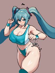 1girl 9is absurdres alternate_breast_size alternate_costume aqua_eyes aqua_hair armpits biceps blush breasts collarbone covered_erect_nipples cowboy_shot curvy deltoids double-parted_bangs fighting_stance frontal_wedgie hair_ornament hatsune_miku highleg highleg_panties highres huge_breasts long_hair nose_blush open_mouth panties partially_visible_vulva signature skindentation sports_bra thighhighs twintails underwear very_long_hair vocaloid wedgie workout_clothes wrestling_outfit wristband