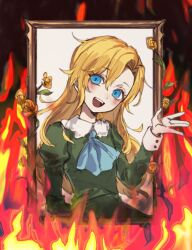 1girl arm_behind_back ascot blonde_hair blue_ascot blue_eyes blush dress fire flower green_dress hair_between_eyes ib_(kouri) juliet_sleeves long_hair long_sleeves looking_at_viewer mary_(ib) open_mouth painting_(object) picture_frame puffy_sleeves tsu_(lovesick1964) yellow_flower