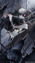 Rule 34 | 1boy, asymmetrical sidelocks, ayn alwyn, black cape, black hair, black shirt, cape, closed mouth, coat, crown of thorns, dutch angle, ear chain, earrings, feet out of frame, flute, fur-trimmed cape, fur trim, gem, hair between eyes, highres, holding, holding flute, holding instrument, instrument, jewelry, korean commentary, layered sleeves, light particles, linked piercing, long sleeves, looking down, lovebrush chronicles, low ponytail, male focus, model building, music, necklace, official art, pants, piercing, playing flute, playing instrument, ponytail, red eyes, red gemstone, ring, seomouse, shirt, short hair, side cape, sitting on throne, smile, solo, thorns, turtleneck, watermark, weibo watermark, white coat, white pants