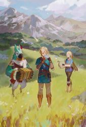 1girl 2boys animal belt bird black_gloves black_pants blue_sky boots brown_belt brown_footwear brown_gloves closed_eyes closed_mouth cloud commentary day field fingerless_gloves gloves grey_pants harp holding holding_instrument instrument kass leather leather_boots link long_sleeves mountain multiple_boys music nintendo pants parted_bangs playing_instrument princess_zelda sidelocks sky standing the_legend_of_zelda the_legend_of_zelda:_breath_of_the_wild tree wide_shot yueko_(jiayue_wu)