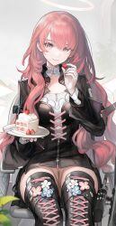 1girl absurdres arknights black_jacket black_shirt boots bottomless cake closed_mouth cross-laced_clothes detached_wings energy_wings food fruit halo highres holding holding_food holding_fruit holding_plate jacket lace-up_boots lemuen_(arknights) long_hair long_sleeves looking_at_viewer no_panties no_pants nopetroto open_clothes open_jacket pink_eyes pink_hair plate pussy shirt sitting smile solo strawberry strawberry_shortcake thigh_boots thighs wheelchair wings