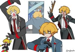 Rule 34 | 1boy, black gloves, black suit, blonde hair, chibi, closed mouth, clown, clown nose, collared shirt, cowboy shot, crying, formal clothes, gloves, gun, handgun, highres, holding, holding gun, holding weapon, id card, juggling, kekeken, limbus company, looking at mirror, male focus, mirror, necktie, open mouth, project moon, red necktie, shirt, short hair, sinclair (project moon), solo, stick, streaming tears, suit, suspenders, sweat, tears, weapon, white shirt