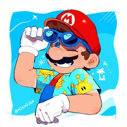Rule 34 | 1boy, adjusting eyewear, artist name, blue-framed eyewear, blue eyes, blue shirt, brown hair, facial hair, gloves, hat, highres, looking at viewer, mario, mario (series), mario (sunshine), mikmi666, mustache, nintendo, official alternate costume, one eye closed, open clothes, open shirt, print shirt, red hat, shine sprite, shirt, short hair, short sleeves, solo, sunglasses, super mario sunshine, upper body, white gloves