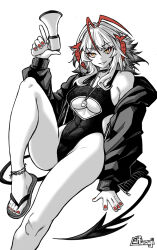 Rule 34 | 1girl, antennae, arknights, breasts, cleavage cutout, clothing cutout, full body, furauji, greyscale, grin, holding, holding megaphone, jacket, large breasts, long hair, long sleeves, megaphone, monochrome, nail polish, open clothes, open jacket, orange eyes, red nails, sandals, simple background, sitting, smile, solo, spot color, tail, toenail polish, toenails, w (arknights)