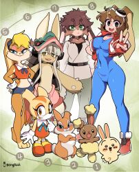 6+girls absurdres animal_ears artist_name baggy_pants bambi_(movie) black_eyes black_shorts blonde_hair blue_bodysuit blue_eyes blush bodysuit bongfill boots breasts brown_fur brown_hair buneary chiikawa commentary cream_the_rabbit cropped_jacket cropped_shirt crossover dress eyewear_on_head fingerless_gloves full_body furry_scale gen_4_pokemon gloves green_background green_eyes green_pants grey_hair hands_on_own_hips highres jacket japanese_clothes kimono large_breasts lola_bunny long_hair looking_at_viewer looney_tunes lop_(star_wars) made_in_abyss makihara_arina miss_bunny multicolored_jacket multiple_crossover multiple_girls nanachi_(made_in_abyss) nintendo open_clothes open_jacket open_mouth orange_eyes outstretched_arms pants pink_pants pointing pointing_at_self pokemon pokemon_(creature) rabbit rabbit_ears rabbit_girl rabbit_nose rabbit_tail red_boots red_dress red_gloves red_jacket red_shirt shirt short_eyebrows short_hair short_shorts shorts sleeveless sleeveless_shirt smile sonic_(series) spread_arms standing star_wars star_wars:_visions stomach symbol-only_commentary tail thick_eyebrows two-tone_background two-tone_jacket usagi_(chiikawa) v waku_waku_7 white_background white_jacket white_kimono yellow_eyes