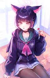 1girl absurdres animal_ear_fluff animal_ears black_choker black_hoodie black_pantyhose blue_archive blunt_bangs blurry blurry_background bob_cut candy choker collar colored_inner_hair commentary_request dasong depth_of_field food halo highres holding holding_candy holding_food holding_lollipop hood hood_down hoodie indoors kazusa_(blue_archive) lollipop multicolored_hair open_mouth pantyhose pink_halo pleated_skirt short_hair single_horizontal_stripe sitting skirt sleeves_past_wrists slit_pupils solo window_blinds