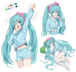 1girl aqua_eyes aqua_hair aqua_pajamas aqua_shirt aqua_shorts arm_up barefoot bib_(bibboss39) bow brushing_teeth cropped_legs cropped_torso cup drooling full_body hair_between_eyes hair_bow hairband hatsune_miku highres holding holding_cup holding_toothbrush hugging_object long_hair looking_at_viewer lying midriff_peek mouth_drool multiple_views navel on_side open_mouth pajamas pillow pillow_hug pink_bow pink_hairband polka_dot polka_dot_pajamas shirt shorts simple_background stretching toothbrush twintails very_long_hair vocaloid white_background yawning