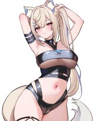 1girl :3 absurdres animal_ears arm_strap armpits arms_up bare_shoulders bikini black_bikini blonde_hair blue_hair blush breasts closed_mouth colored_inner_animal_ears commentary dog_ears dog_girl dog_tail english_commentary fuwawa_abyssgard fuwawa_abyssgard_(holonatsu_paradise) hair_ornament hairclip highres holoadvent hololive hololive_english holonatsu_paradise koahri large_breasts long_hair looking_at_viewer multicolored_hair navel pink_eyes side_ponytail simple_background smile solo stomach streaked_hair swimsuit tail thighs two-tone_hair virtual_youtuber white_background yellow_tail