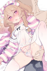 2boys @_@ bar_censor blush breasts brown_hair censored commentary_request commission crossdressing dress fang garter_belt highres jacket long_hair long_sleeves male_focus male_with_breasts multiple_boys navel nose_blush nyakkuru open_mouth original paid_reward_available panties penis pink_jacket puffy_long_sleeves puffy_sleeves see-through_clothes see-through_dress skeb_commission skin_fang sleeves_past_wrists small_breasts solo_focus striped_clothes striped_jacket tearing_up thighhighs trap two_side_up underwear white_dress white_panties white_thighhighs yaoi